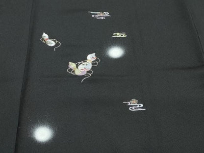 平和屋着物●訪問着　刺繍　エ霞草花文　瓢箪　蛍暈し　黒地　金糸　正絹　逸品　DABC2592ud
