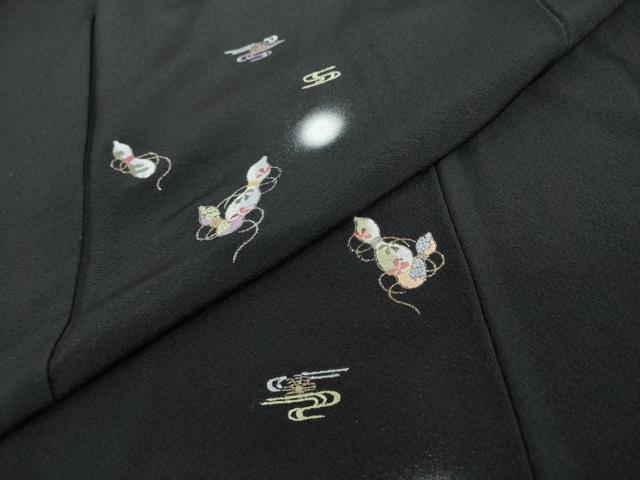 平和屋着物●訪問着　刺繍　エ霞草花文　瓢箪　蛍暈し　黒地　金糸　正絹　逸品　DABC2592ud