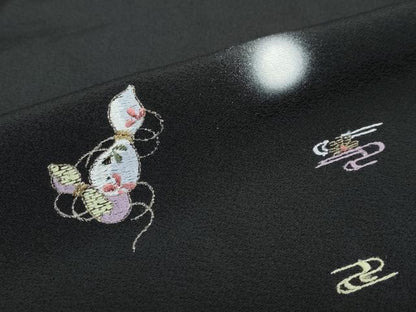 平和屋着物●訪問着　刺繍　エ霞草花文　瓢箪　蛍暈し　黒地　金糸　正絹　逸品　DABC2592ud