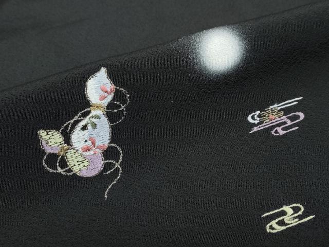 平和屋着物●訪問着　刺繍　エ霞草花文　瓢箪　蛍暈し　黒地　金糸　正絹　逸品　DABC2592ud