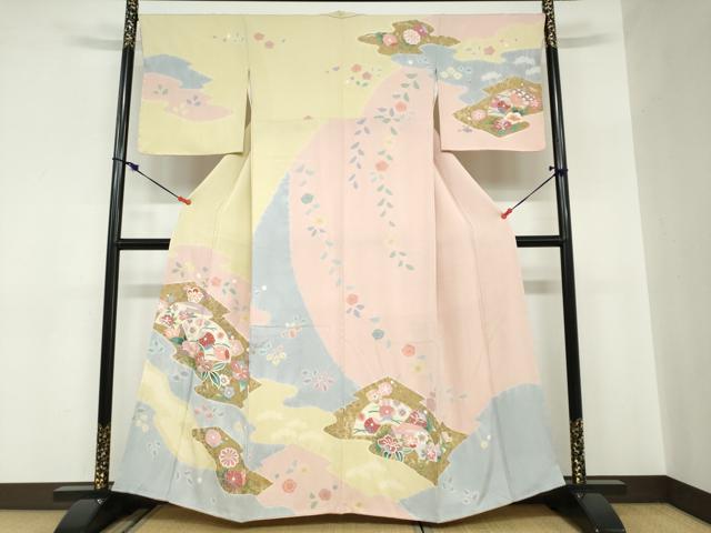平和屋着物●訪問着　絞り　地紙重ね草花文　金彩　正絹　逸品　未使用　DABC2602ud