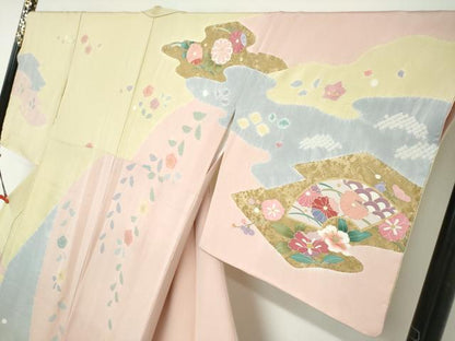 平和屋着物●訪問着　絞り　地紙重ね草花文　金彩　正絹　逸品　未使用　DABC2602ud