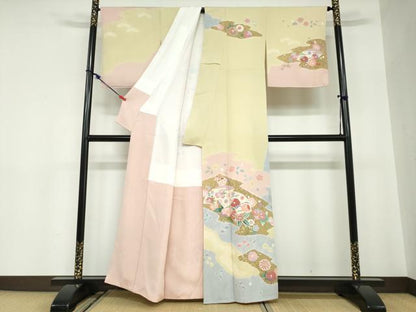 平和屋着物●訪問着　絞り　地紙重ね草花文　金彩　正絹　逸品　未使用　DABC2602ud
