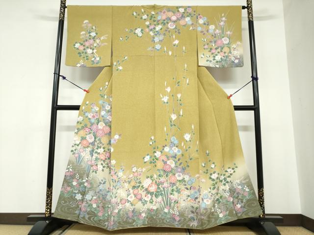 平和屋着物●訪問着　友禅　流水草花文　暈し染め　正絹　逸品　DABC2604ud
