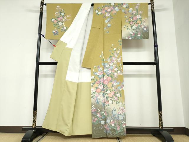 平和屋着物●訪問着　友禅　流水草花文　暈し染め　正絹　逸品　DABC2604ud