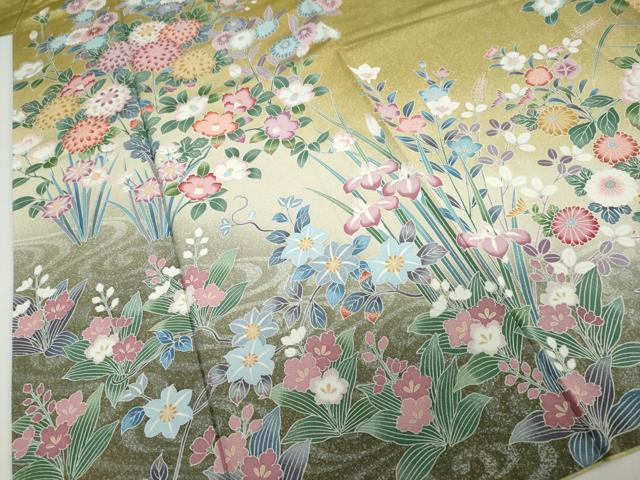 平和屋着物●訪問着　友禅　流水草花文　暈し染め　正絹　逸品　DABC2604ud