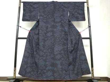 平和屋着物●結城紬　100亀甲　流水風景草花文　正絹　逸品　DABC2607ud