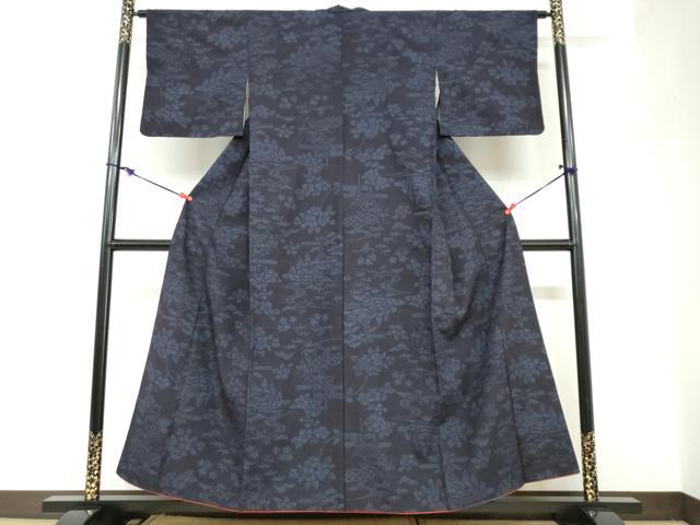 平和屋着物●結城紬　100亀甲　流水風景草花文　正絹　逸品　DABC2607ud