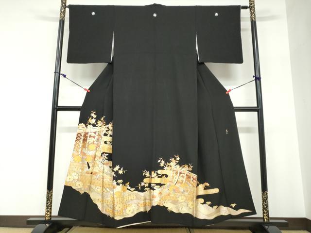 平和屋着物●金彩友禅　卓越技能者・名工・和田光正　黒留袖　エ霞几帳草花文　金銀彩　正絹　逸品　DABC2613ud