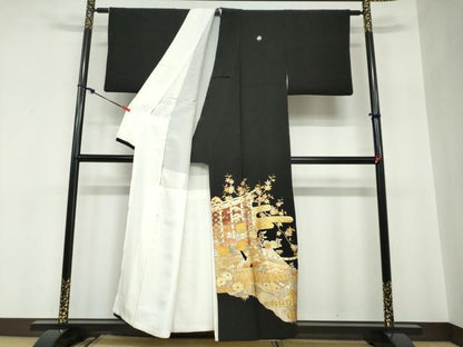 平和屋着物●金彩友禅　卓越技能者・名工・和田光正　黒留袖　エ霞几帳草花文　金銀彩　正絹　逸品　DABC2613ud