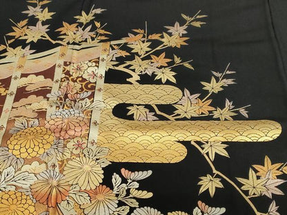 平和屋着物●金彩友禅　卓越技能者・名工・和田光正　黒留袖　エ霞几帳草花文　金銀彩　正絹　逸品　DABC2613ud
