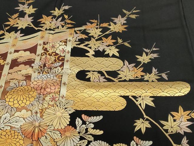 平和屋着物●金彩友禅　卓越技能者・名工・和田光正　黒留袖　エ霞几帳草花文　金銀彩　正絹　逸品　DABC2613ud