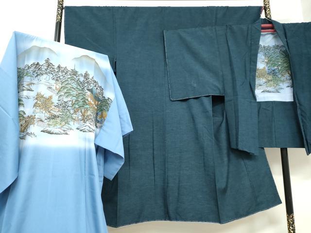 平和屋着物●男性　紬　アンサンブル　長襦袢（無双仕立て）セット　濃藍色　正絹　逸品　未使用　DABC2617ud