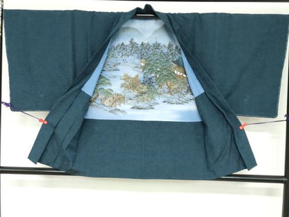 平和屋着物●男性　紬　アンサンブル　長襦袢（無双仕立て）セット　濃藍色　正絹　逸品　未使用　DABC2617ud