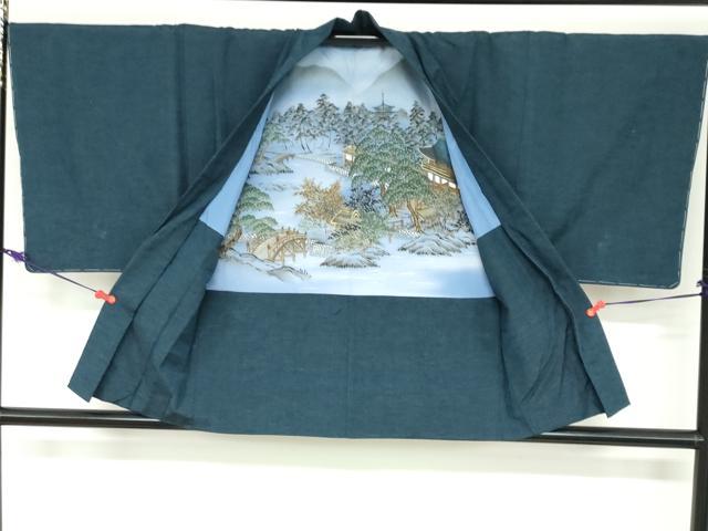 平和屋着物●男性　紬　アンサンブル　長襦袢（無双仕立て）セット　濃藍色　正絹　逸品　未使用　DABC2617ud