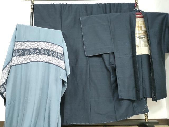 平和屋着物●男性　紬　アンサンブル　長羽織　長羽織（袷）セット　黒色　キングサイズ　正絹　逸品　未使用　DABC2618ud