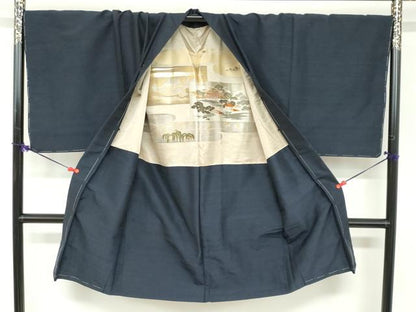 平和屋着物●男性　紬　アンサンブル　長羽織　長羽織（袷）セット　黒色　キングサイズ　正絹　逸品　未使用　DABC2618ud