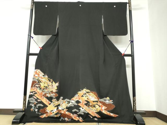 平和屋着物●豪華黒留袖　駒刺繍　双鶴菱草花文　金彩　ロング丈　正絹　逸品　DABC2620ud