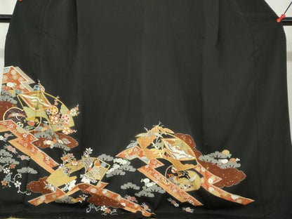 平和屋着物●豪華黒留袖　駒刺繍　双鶴菱草花文　金彩　ロング丈　正絹　逸品　DABC2620ud