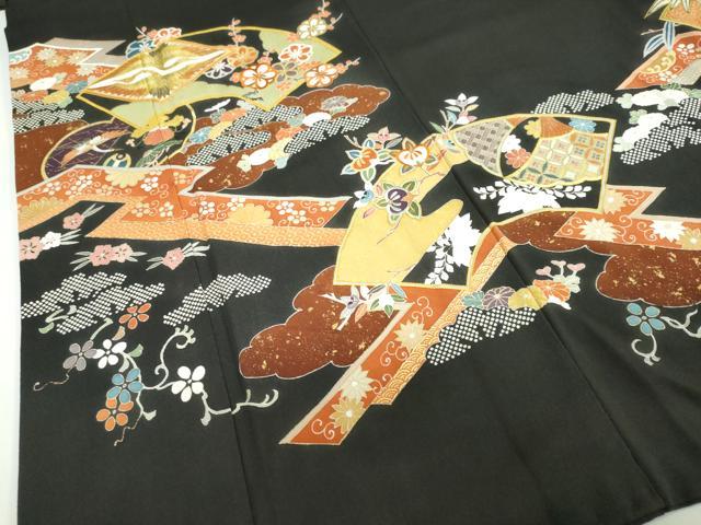 平和屋着物●豪華黒留袖　駒刺繍　双鶴菱草花文　金彩　ロング丈　正絹　逸品　DABC2620ud