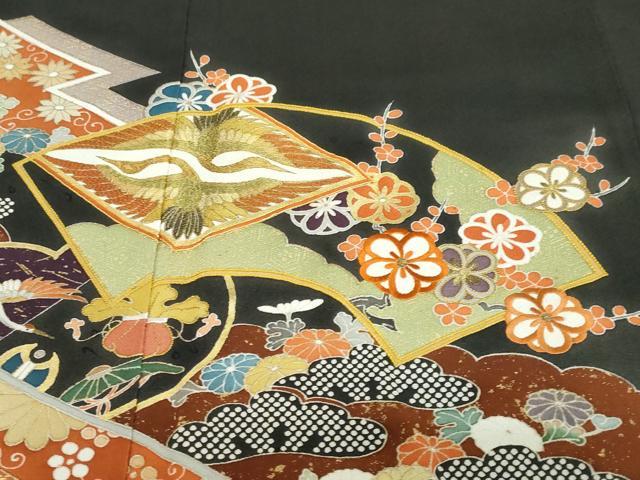 平和屋着物●豪華黒留袖　駒刺繍　双鶴菱草花文　金彩　ロング丈　正絹　逸品　DABC2620ud