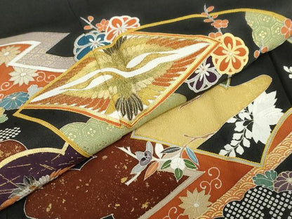 平和屋着物●豪華黒留袖　駒刺繍　双鶴菱草花文　金彩　ロング丈　正絹　逸品　DABC2620ud