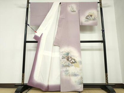 平和屋着物●訪問着　地紙重ね草花文　暈し染め　金銀彩　正絹　逸品　DABC2622ud