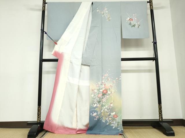 平和屋着物●訪問着　草花文　暈し染め　金銀彩　正絹　逸品　DABC2623ud