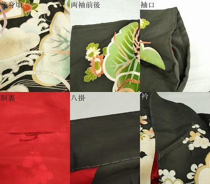 平和屋本店●アンティーク　大正ロマン　振袖　駒刺繍　扇面御所車飛鶴草花文　黒地　金彩　正絹　逸品　DABC2625ud
