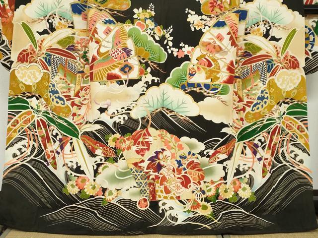 平和屋本店●アンティーク　大正ロマン　振袖　駒刺繍　扇面御所車飛鶴草花文　黒地　金彩　正絹　逸品　DABC2625ud
