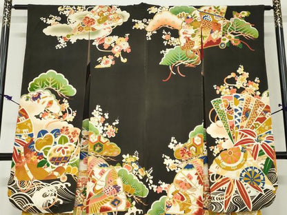 平和屋本店●アンティーク　大正ロマン　振袖　駒刺繍　扇面御所車飛鶴草花文　黒地　金彩　正絹　逸品　DABC2625ud