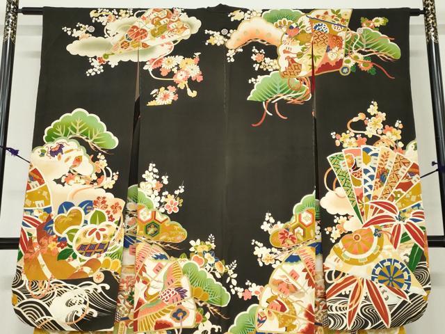 平和屋本店●アンティーク　大正ロマン　振袖　駒刺繍　扇面御所車飛鶴草花文　黒地　金彩　正絹　逸品　DABC2625ud