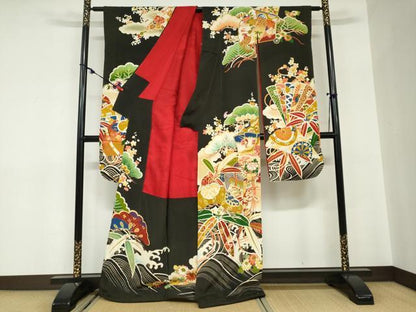 平和屋本店●アンティーク　大正ロマン　振袖　駒刺繍　扇面御所車飛鶴草花文　黒地　金彩　正絹　逸品　DABC2625ud