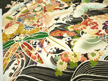 平和屋本店●アンティーク　大正ロマン　振袖　駒刺繍　扇面御所車飛鶴草花文　黒地　金彩　正絹　逸品　DABC2625ud