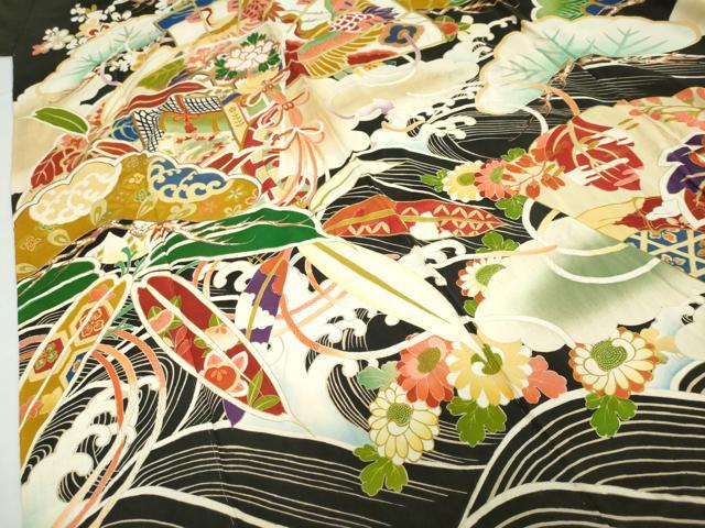 平和屋本店●アンティーク　大正ロマン　振袖　駒刺繍　扇面御所車飛鶴草花文　黒地　金彩　正絹　逸品　DABC2625ud