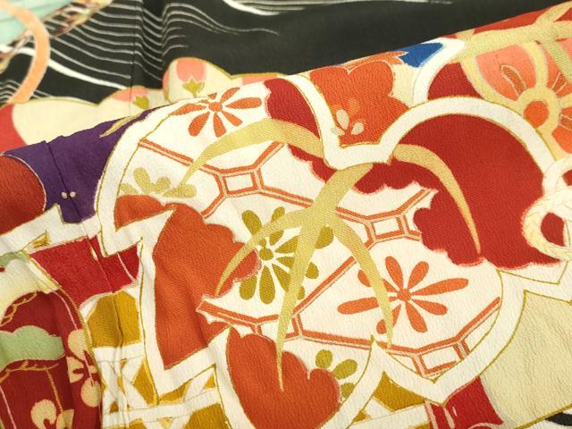 平和屋本店●アンティーク　大正ロマン　振袖　駒刺繍　扇面御所車飛鶴草花文　黒地　金彩　正絹　逸品　DABC2625ud