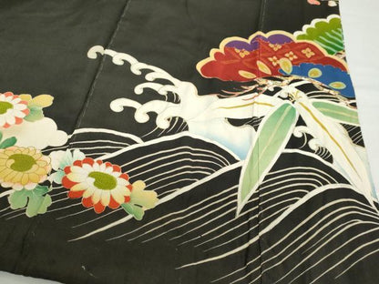 平和屋本店●アンティーク　大正ロマン　振袖　駒刺繍　扇面御所車飛鶴草花文　黒地　金彩　正絹　逸品　DABC2625ud