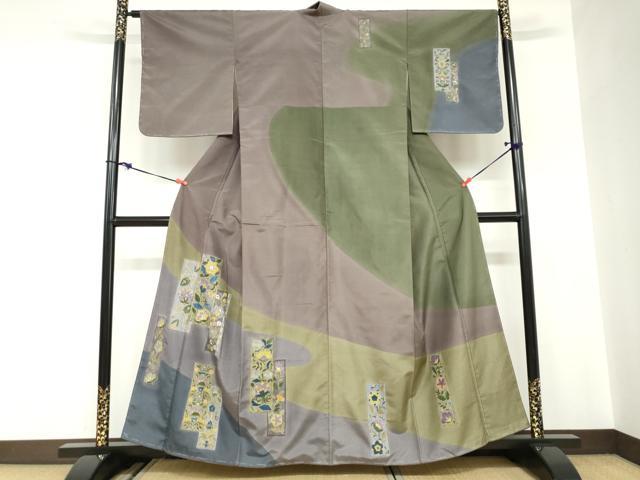 平和屋着物●中国三大刺繍　汕頭刺繍　総刺繍　訪問着　本場大島紬地　短冊草花文　正絹　逸品　未使用　DABC2632ud