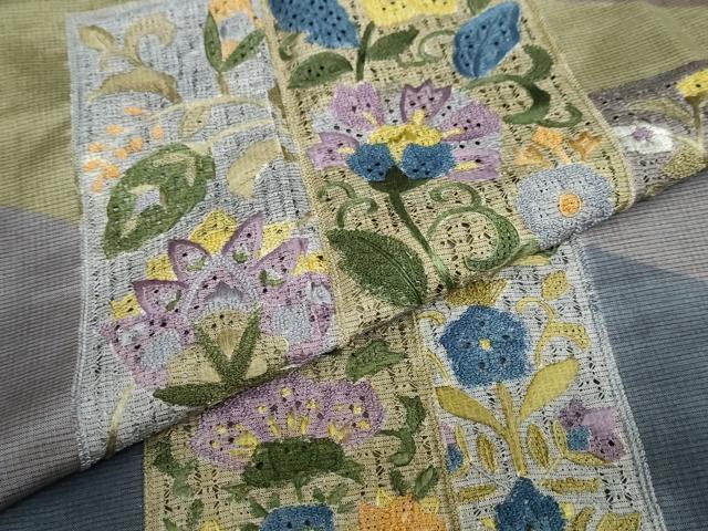 平和屋着物●中国三大刺繍　汕頭刺繍　総刺繍　訪問着　本場大島紬地　短冊草花文　正絹　逸品　未使用　DABC2632ud