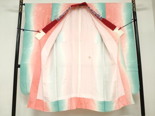 平和屋着物●振袖用長襦袢　袷　扇面草花地紋　暈し染め　半衿刺繍　正絹　逸品　DABC2637ud
