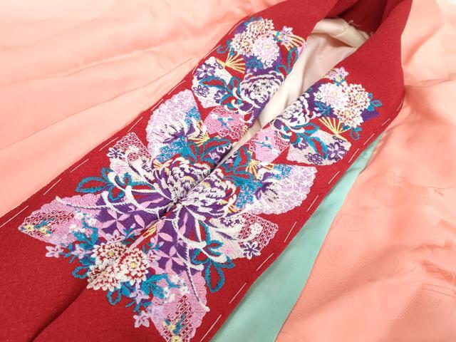 平和屋着物●振袖用長襦袢　袷　扇面草花地紋　暈し染め　半衿刺繍　正絹　逸品　DABC2637ud