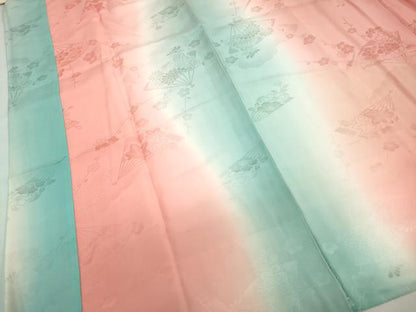 平和屋着物●振袖用長襦袢　袷　扇面草花地紋　暈し染め　半衿刺繍　正絹　逸品　DABC2637ud