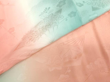 平和屋着物●振袖用長襦袢　袷　扇面草花地紋　暈し染め　半衿刺繍　正絹　逸品　DABC2637ud