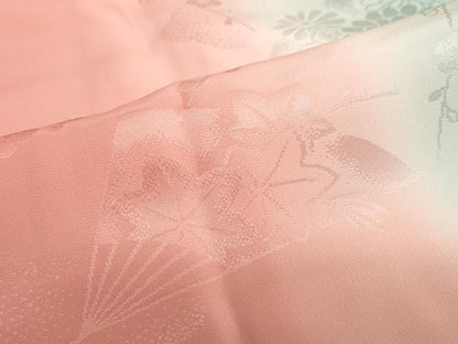 平和屋着物●振袖用長襦袢　袷　扇面草花地紋　暈し染め　半衿刺繍　正絹　逸品　DABC2637ud