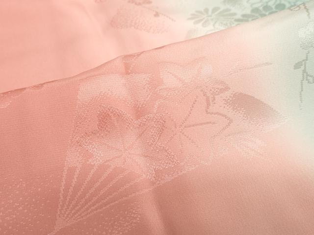 平和屋着物●振袖用長襦袢　袷　扇面草花地紋　暈し染め　半衿刺繍　正絹　逸品　DABC2637ud