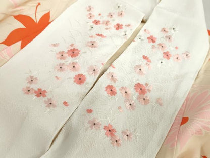 平和屋着物●振袖用長襦袢　袷　流水草花文　半衿刺繍　正絹　逸品　DABC2638ud