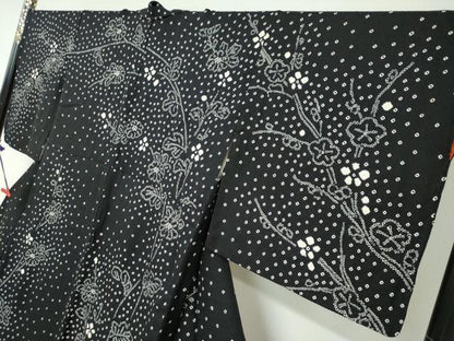 平和屋着物●訪問着　総絞り　草花文　黒地　正絹　逸品　DABC2663ud