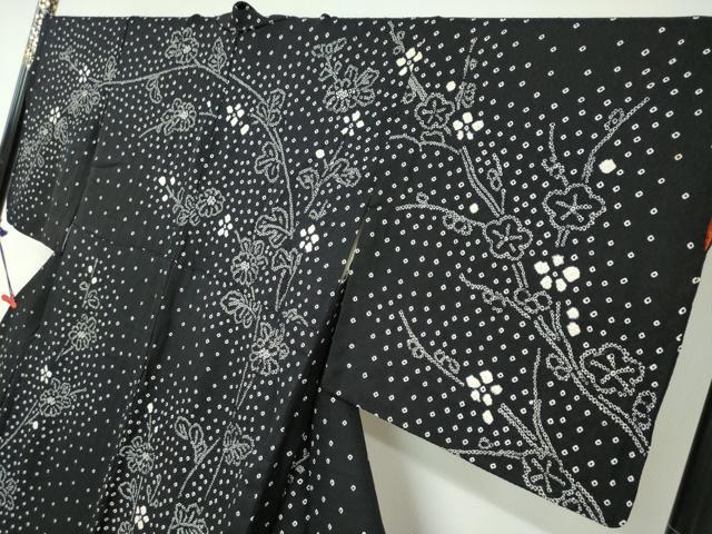 平和屋着物●訪問着　総絞り　草花文　黒地　正絹　逸品　DABC2663ud