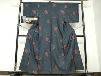 平和屋着物●都喜ヱ門　本場大島紬　泥染め　藍・愛織璃　何日か見た花　証紙付き　藤絹織物謹製　正絹　逸品　DABC2670ud