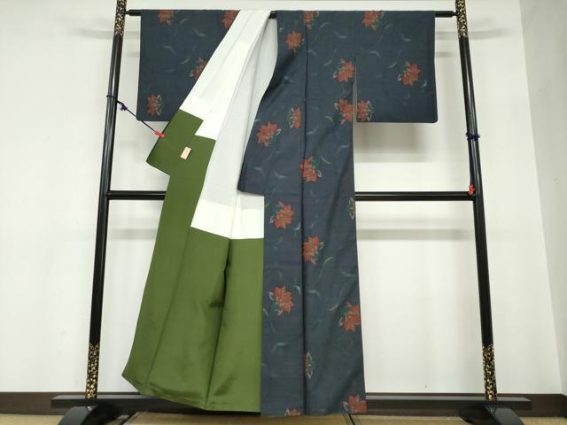 平和屋着物●都喜ヱ門　本場大島紬　泥染め　藍・愛織璃　何日か見た花　証紙付き　藤絹織物謹製　正絹　逸品　DABC2670ud